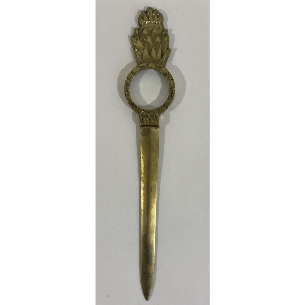 Vintage Brass Midcentury Pineapple Letter‎ Opener With Magnifying Glass 10.5”